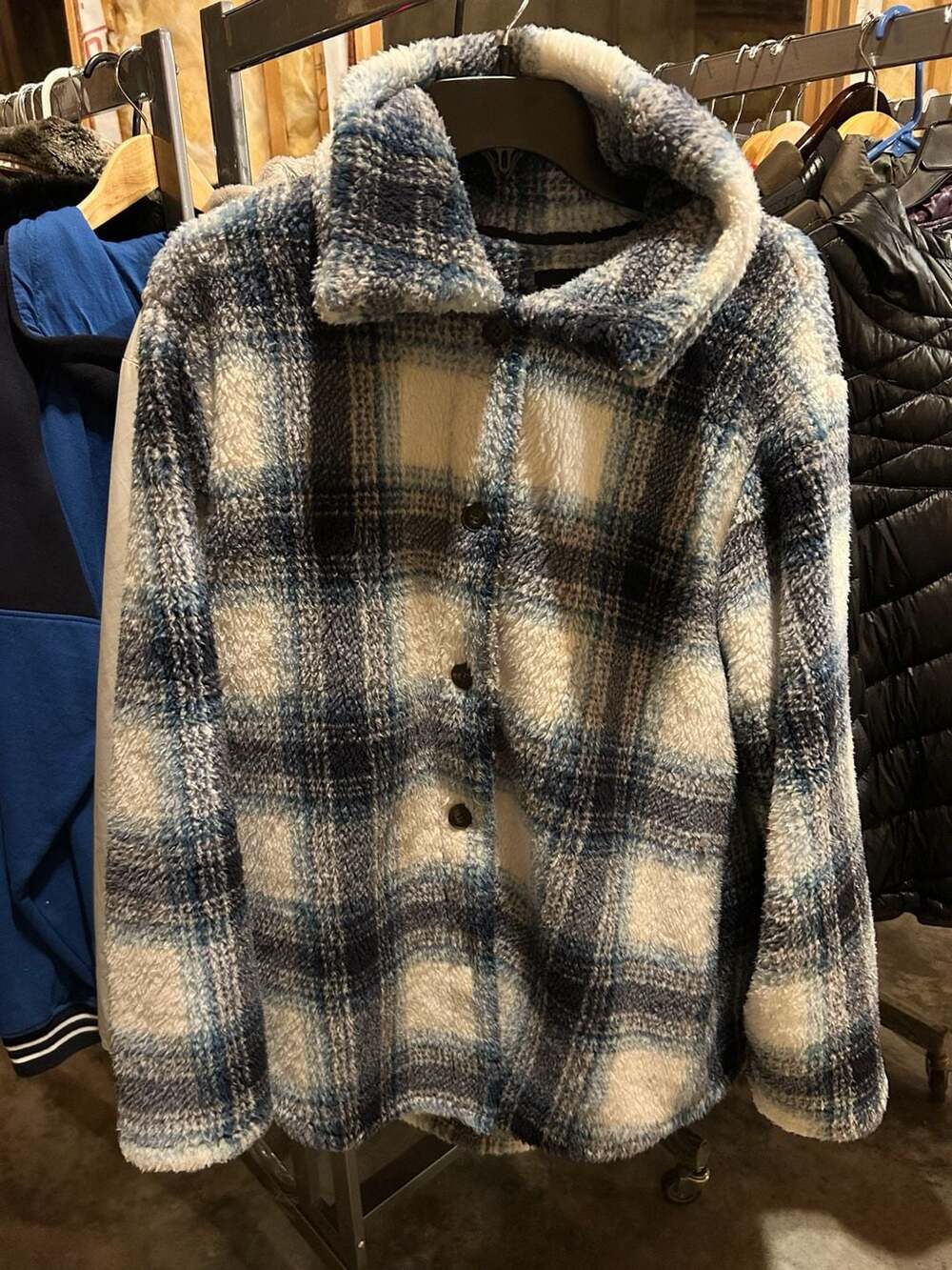 Cisono Los Angeles Women's Blue and White Plaid Sherpa Fleece Button Down Shacke